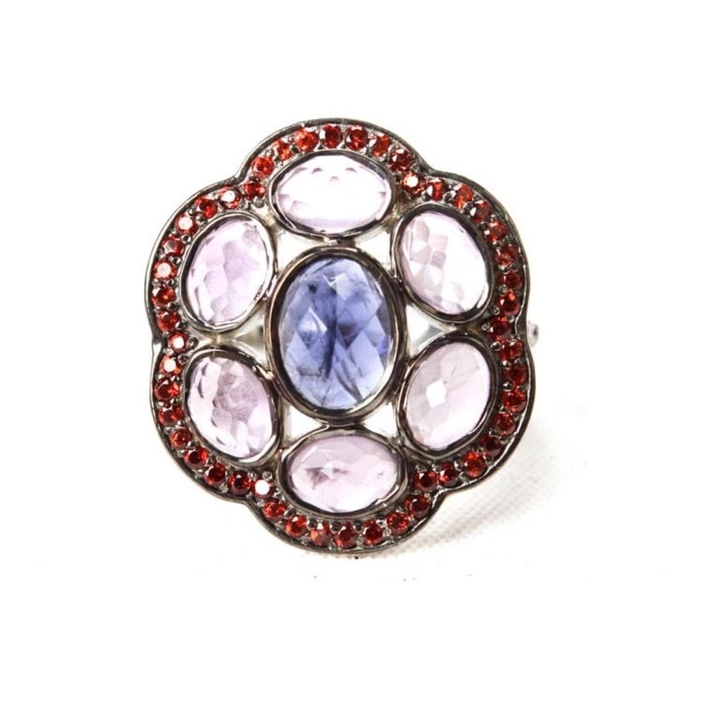 Rarities Womens Sterling Silver Tanzanite, Quartz, Garnet Accent Flower Ring